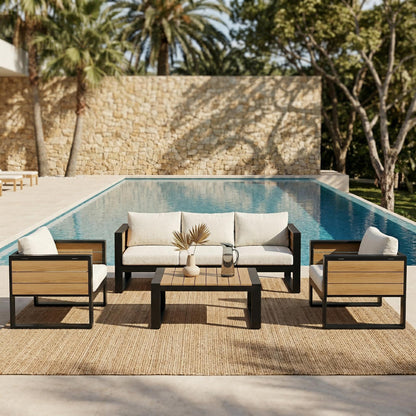 Aluminum Frame Large 4-Piece Outdoor Patio Furniture Set for 5 Person, 3-Seater Sofa, 2 Armchairs with Fold-Out Side Tables, Modern Garden/Patio Seating, All-Weather Use, Beige Cushions image 2