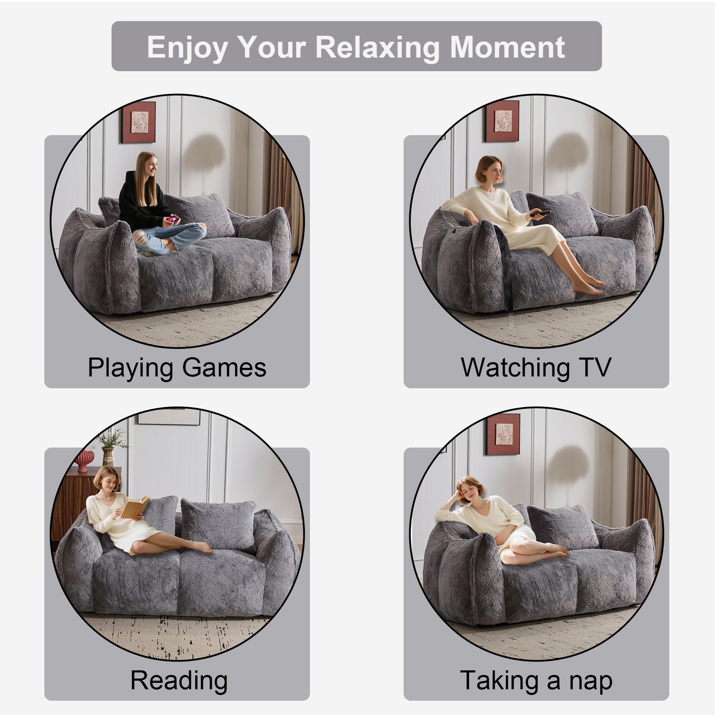 Giant Bean Bag Couch for Adults, Ultra Soft Fluffy Loveseat Bean Bag Sofa, Oversized Chase Lounge Chair Indoor for Living Room Bedroom, No Assembly Required Cozy Reading Chair with Pillows, Grey image 6