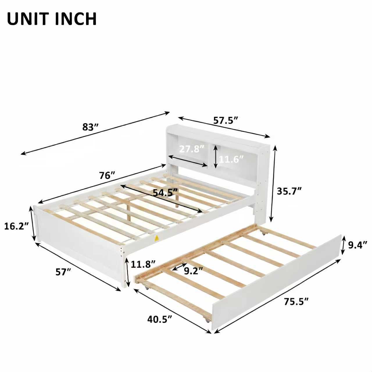 Full Size Bed with Trundle and Bookcase Headboard,White (Old Sku W50446124) image 4