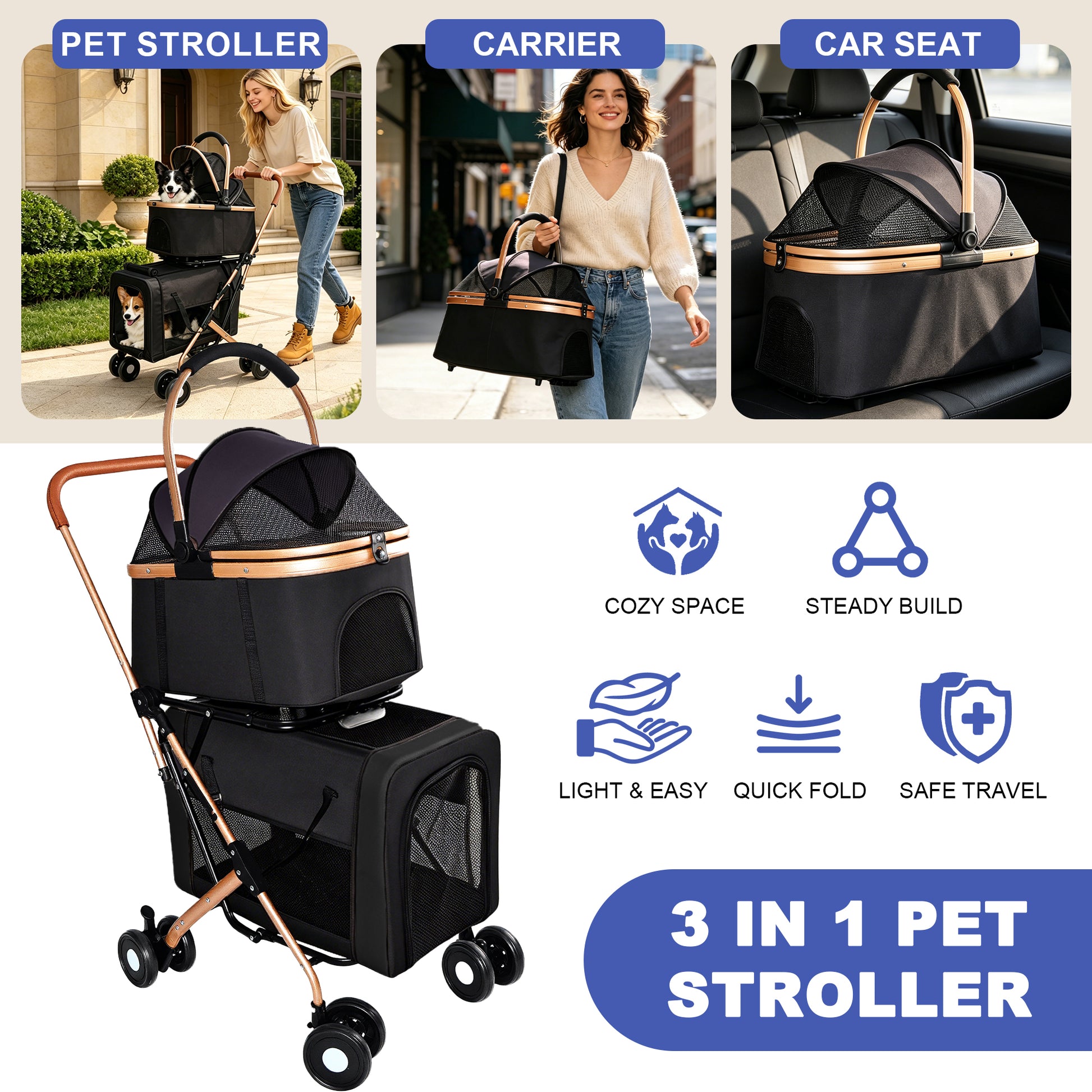 Double Pet Stroller for Dogs and Cats, Foldable Frame, 3-in-1 Convertible Carrier/Tote, Shockproof Wheels, Brake System, Fixed Safety Leashes for Small/Medium Pets in Multi-Pet Homes(Black) image 8