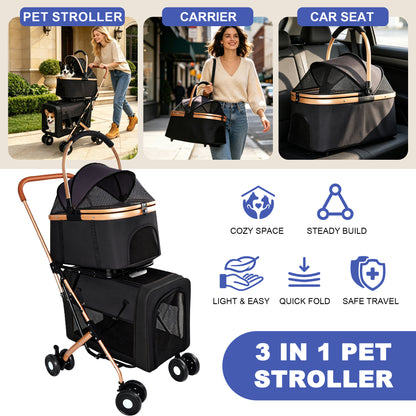 Double Pet Stroller for Dogs and Cats, Foldable Frame, 3-in-1 Convertible Carrier/Tote, Shockproof Wheels, Brake System, Fixed Safety Leashes for Small/Medium Pets in Multi-Pet Homes(Black) image 8