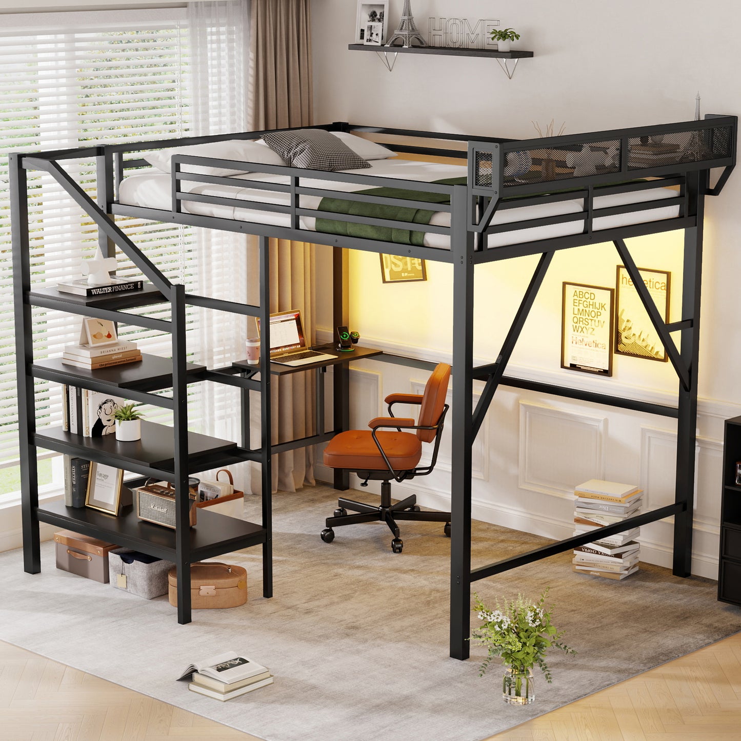 Queen Size Loft Bed with Foldable Desk and Charging Station,Metal Queen Loft Bed with Light Strip and Staircase Storage for Kids Teens Adults, Patent Products,Black(Expect Arrival Date 2026/4/10) image 1