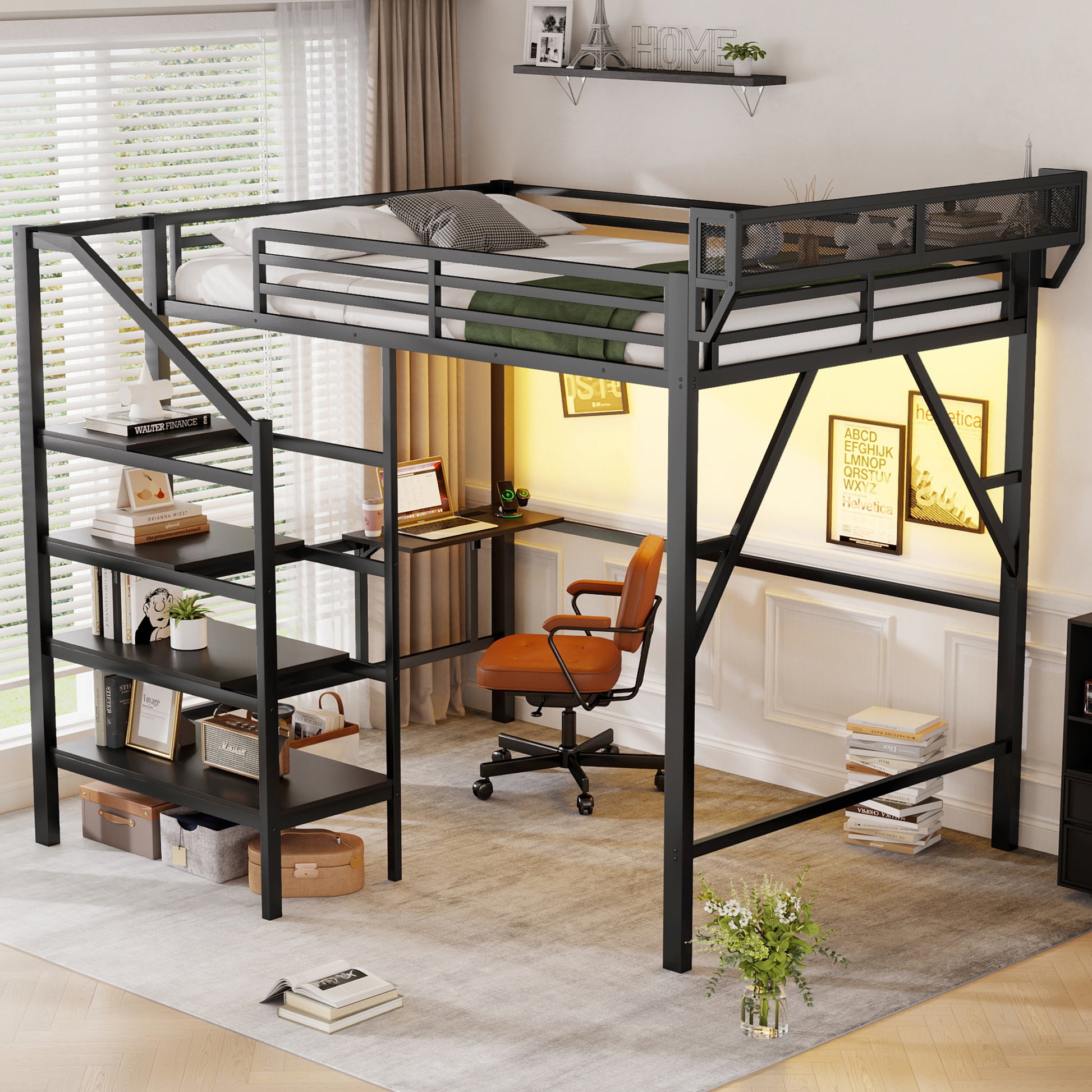Queen Size Loft Bed with Foldable Desk and Charging Station,Metal Queen Loft Bed with Light Strip and Staircase Storage for Kids Teens Adults, Patent Products,Black(Expect Arrival Date 2026/4/10) image 1
