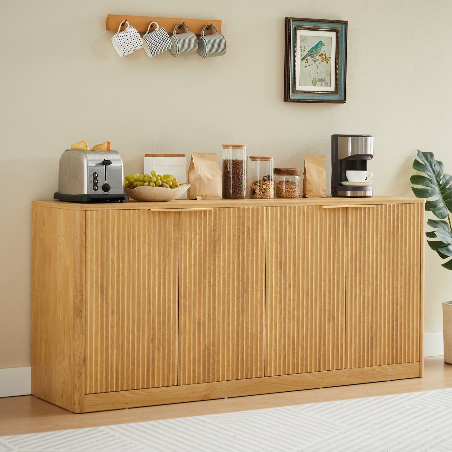 59-inch modern wavy sideboard, curved contour design storage cabinet, 4-door cabinet with storage function, suitable for kitchen/bedroom/living room, Natural, 59.0"L x 15.7"W x 27.7"H image 2