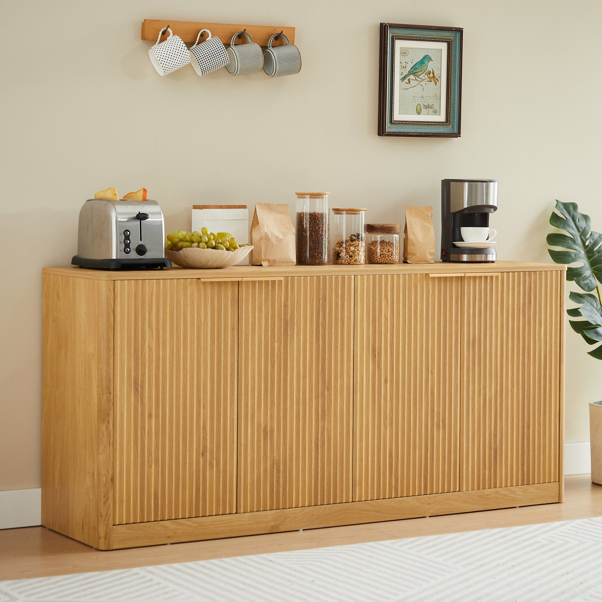 59-inch modern wavy sideboard, curved contour design storage cabinet, 4-door cabinet with storage function, suitable for kitchen/bedroom/living room, Natural, 59.0"L x 15.7"W x 27.7"H image 2