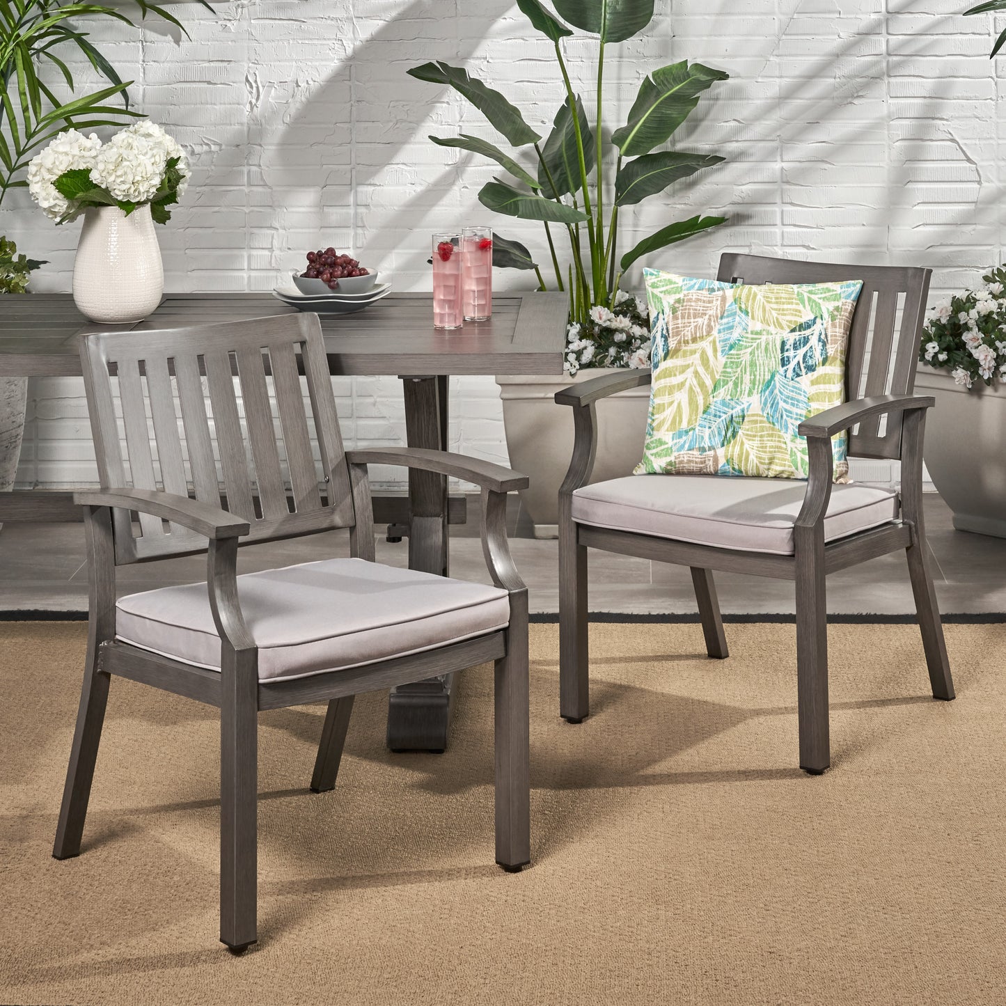 Outdoor Modern Aluminum Dining Chair with Cushion (Set of 2), Dark Gray and Silver image 1