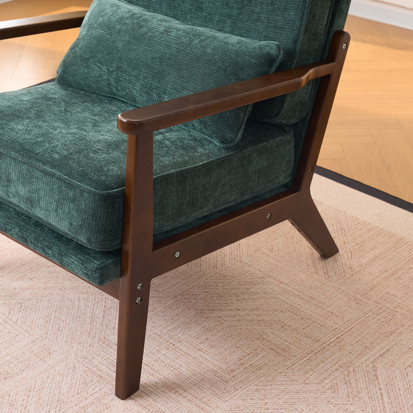 Mid-Century Modern Lounge Chair Single, Living Room Chair with Lumbar Pillow and Straight Wood Armrests, Accent Chair for Living Room, Bedroom, Indoor, Green image 8