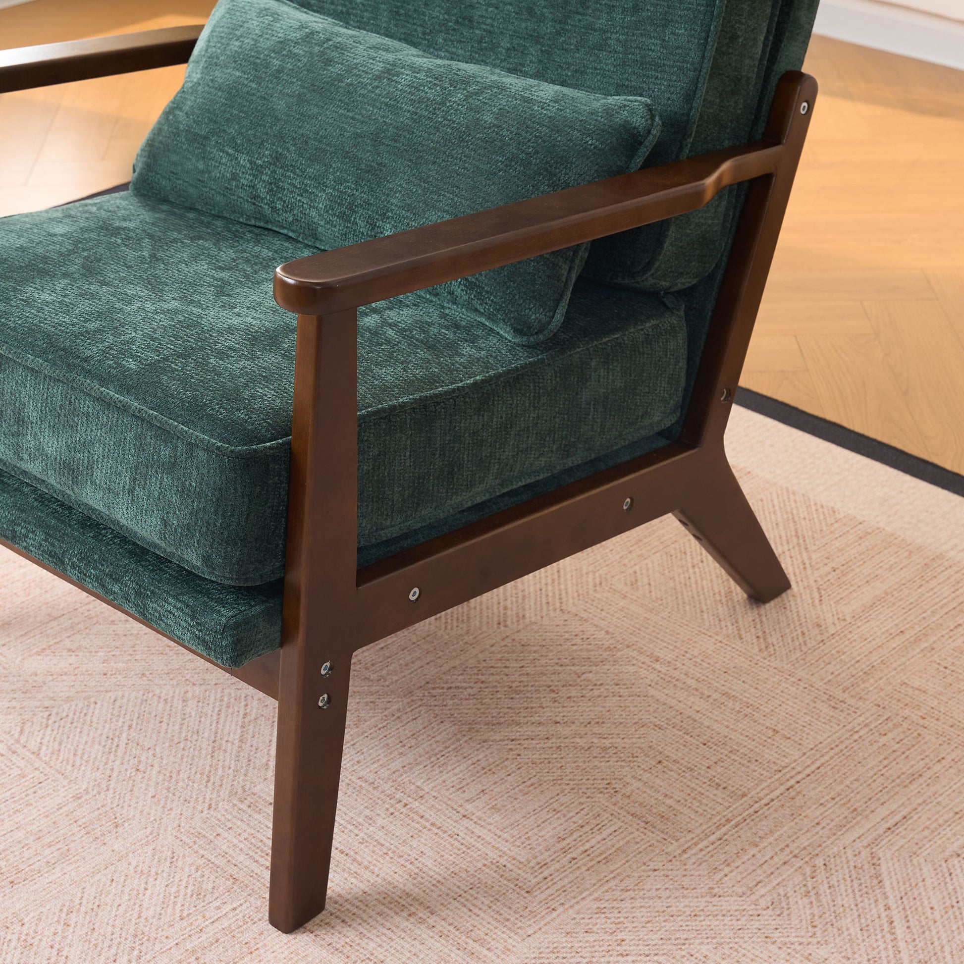 Mid-Century Modern Lounge Chair Single, Living Room Chair with Lumbar Pillow and Straight Wood Armrests, Accent Chair for Living Room, Bedroom, Indoor, Green image 8