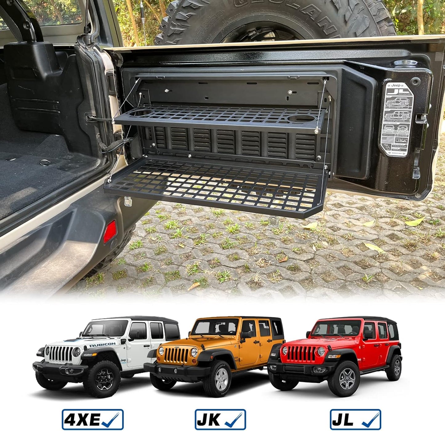 2-Tier Tailgate Table Rear Foldable Storage Cargo Rack Outdoor Camping Desk for 2007-2026 Jeep Wrangler JK&JL 4 Door (Not Fit JK Models with Stock Subwoofer) image 10
