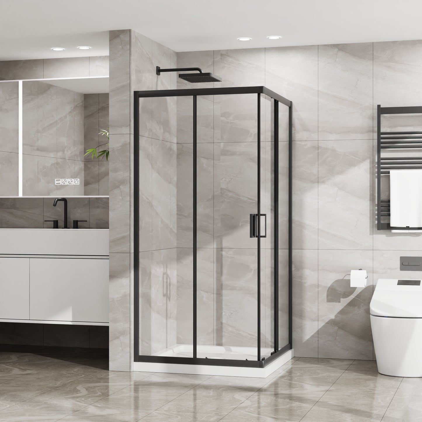Goodyo Corner Shower Door 36 in.D x 36 in. W x 72 in. H, Shower Enclosure with 1/5 in. Clear Tempered Glass Panels, Sliding Opening, Black Finish Aluminum Framed image 1