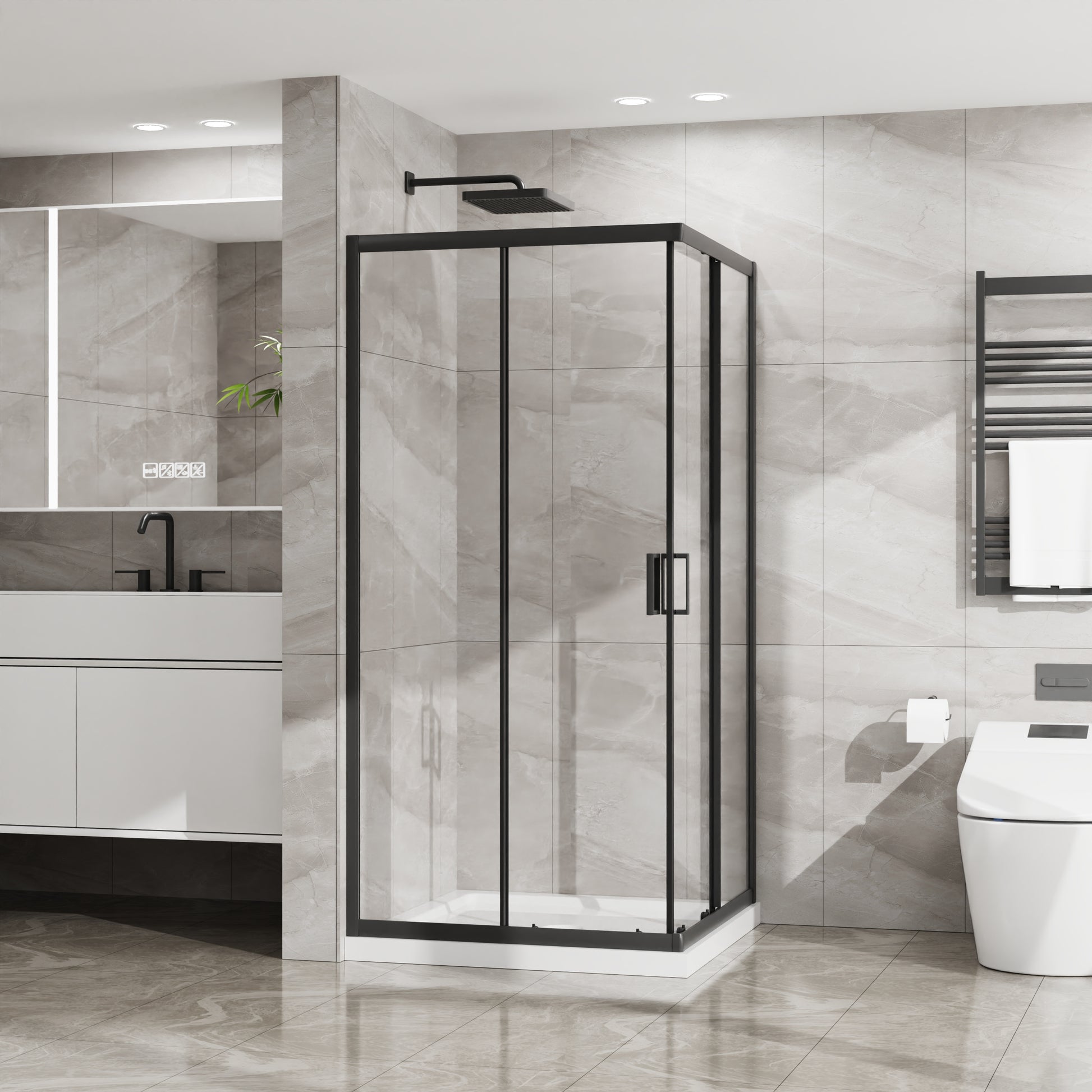 Goodyo Corner Shower Door 36 in.D x 36 in. W x 72 in. H, Shower Enclosure with 1/5 in. Clear Tempered Glass Panels, Sliding Opening, Black Finish Aluminum Framed image 1