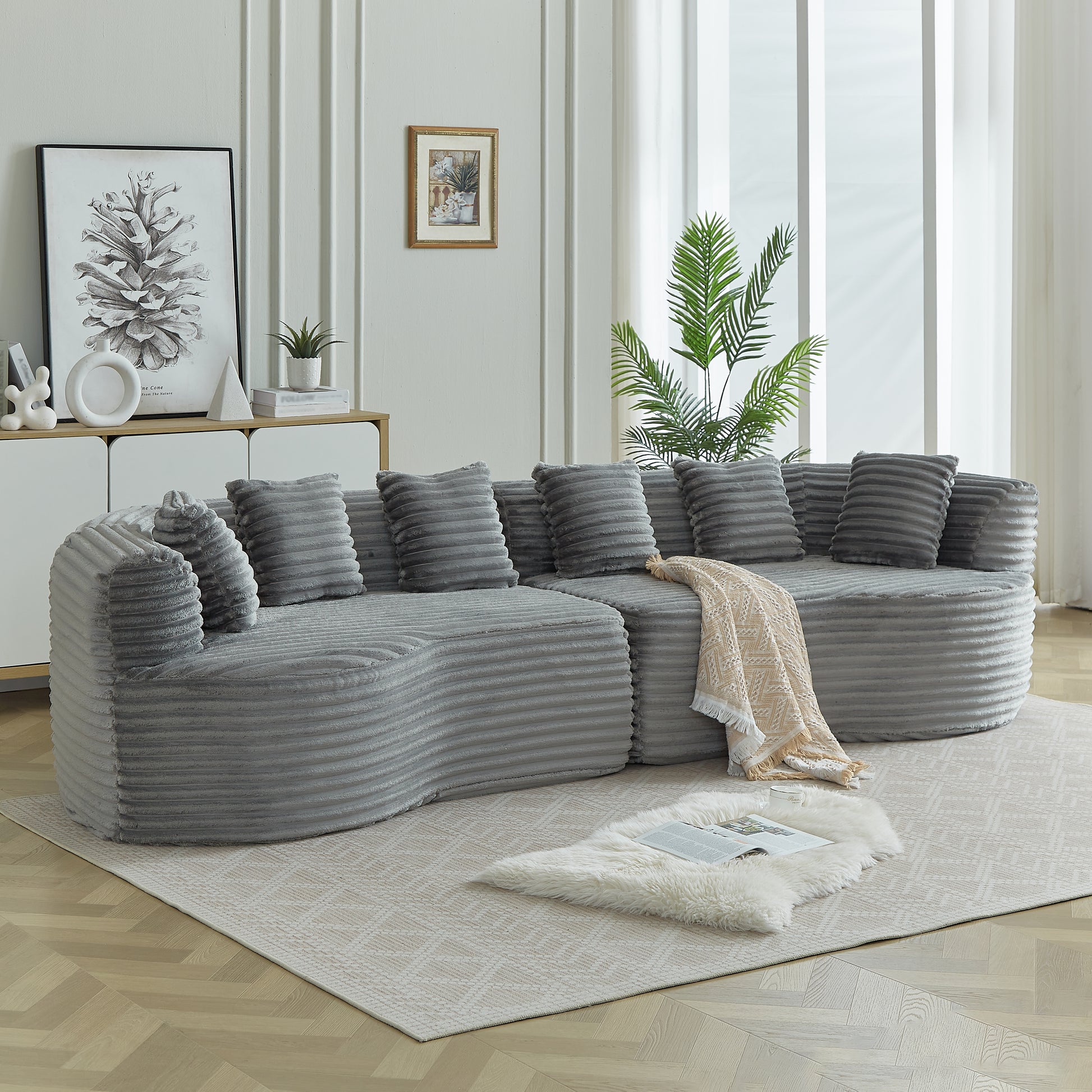 Curved Sectional Sofa, 111.5-inch Oversized Modern Bone-Free Cloud Sofa with 6 Pillows Luxury Corduroy Four-Seater Memory Foam Sofa with Deep Seat Design,grey W3505P355587 image 8