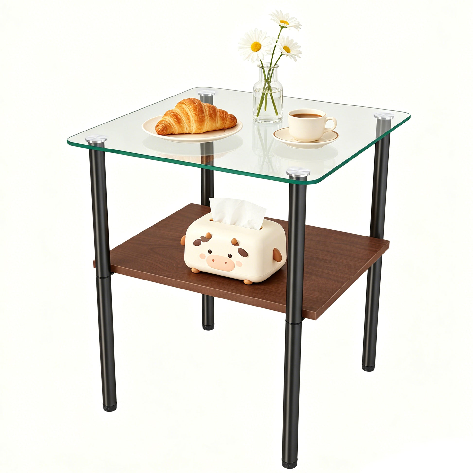 2-piece Modern Rectangular Glass Side Table, Tempered Glass Tabletop, MDF Storage Shelf & Metal Legs, Minimalist Sofa Side Table for Living Room & Bedroom image 7