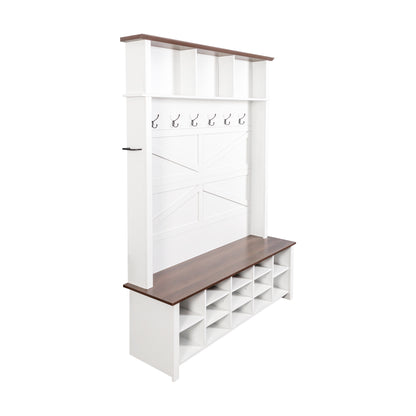 Farmhouse 4-in-1 Hall Tree with 6 Hooks, Walnut Entryway Bench with Shelves, Wooden Style Rustic Shoe Organizer with 16 Open Compartments for Mudroom, Living Room, White (OLD SKU: N721P264915K) image 8