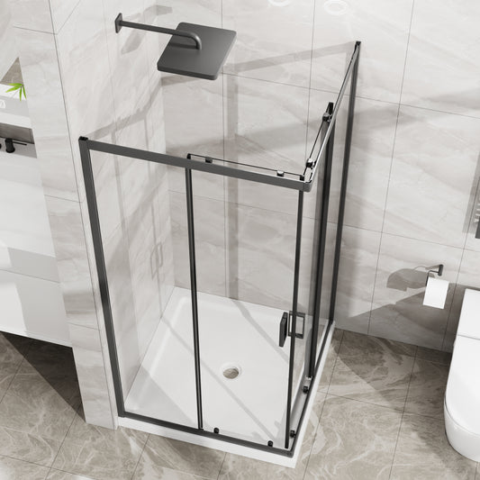 Goodyo Corner Shower Enclosure 36x36 double sliding door matte black front view
