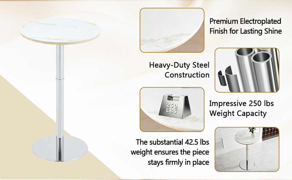 Rock slab circular tabletop non adjustable (39 inches high) bar table, bar table with silver legs and base (white) image 7