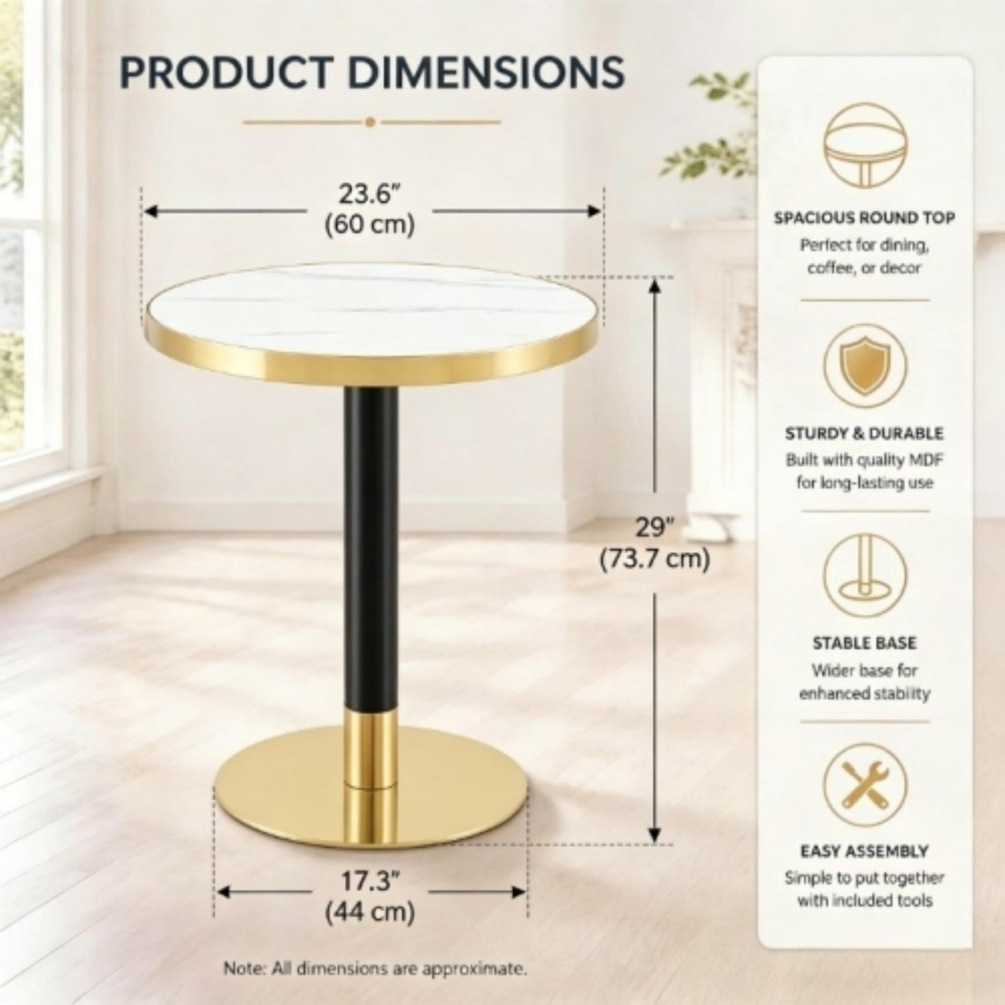 23.6" Round MDF sprayed with UV paint countertop, marble texture, stainless steel edging, metal table legs, modern light luxury edge/coffee table. image 3