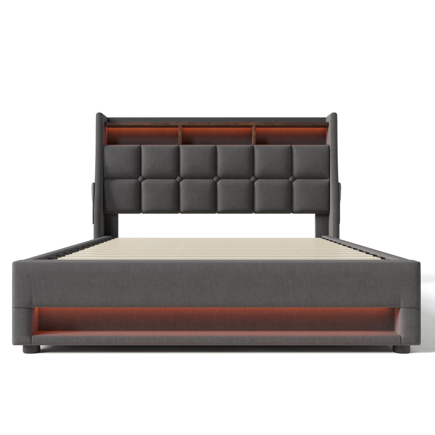 (=AA20690910G) Queen size Upholstered Platform bed with a Hydraulic Storage System, LED and Charging Station, No Box Spring Needed, Easy Assembly, Noise-Free, Grey (without mattress) image 9