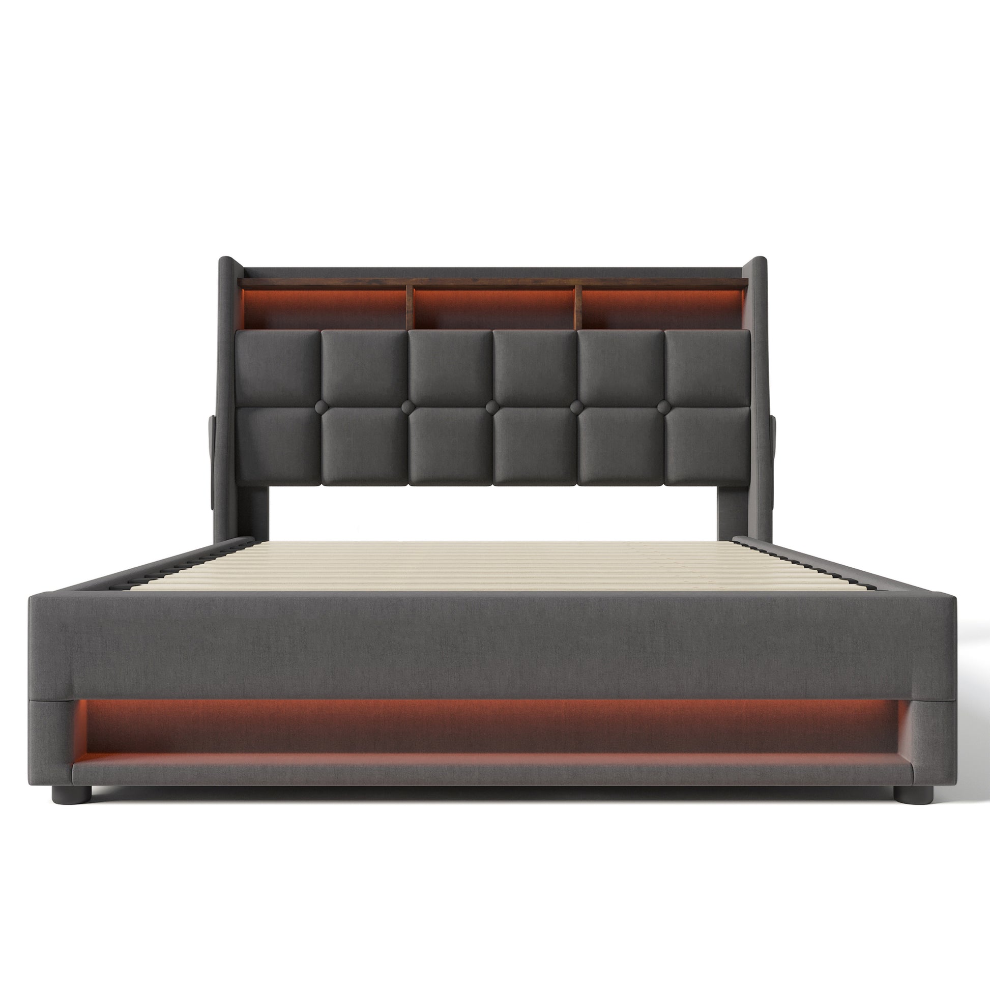 (=AA20690910G) Queen size Upholstered Platform bed with a Hydraulic Storage System, LED and Charging Station, No Box Spring Needed, Easy Assembly, Noise-Free, Grey (without mattress) image 9