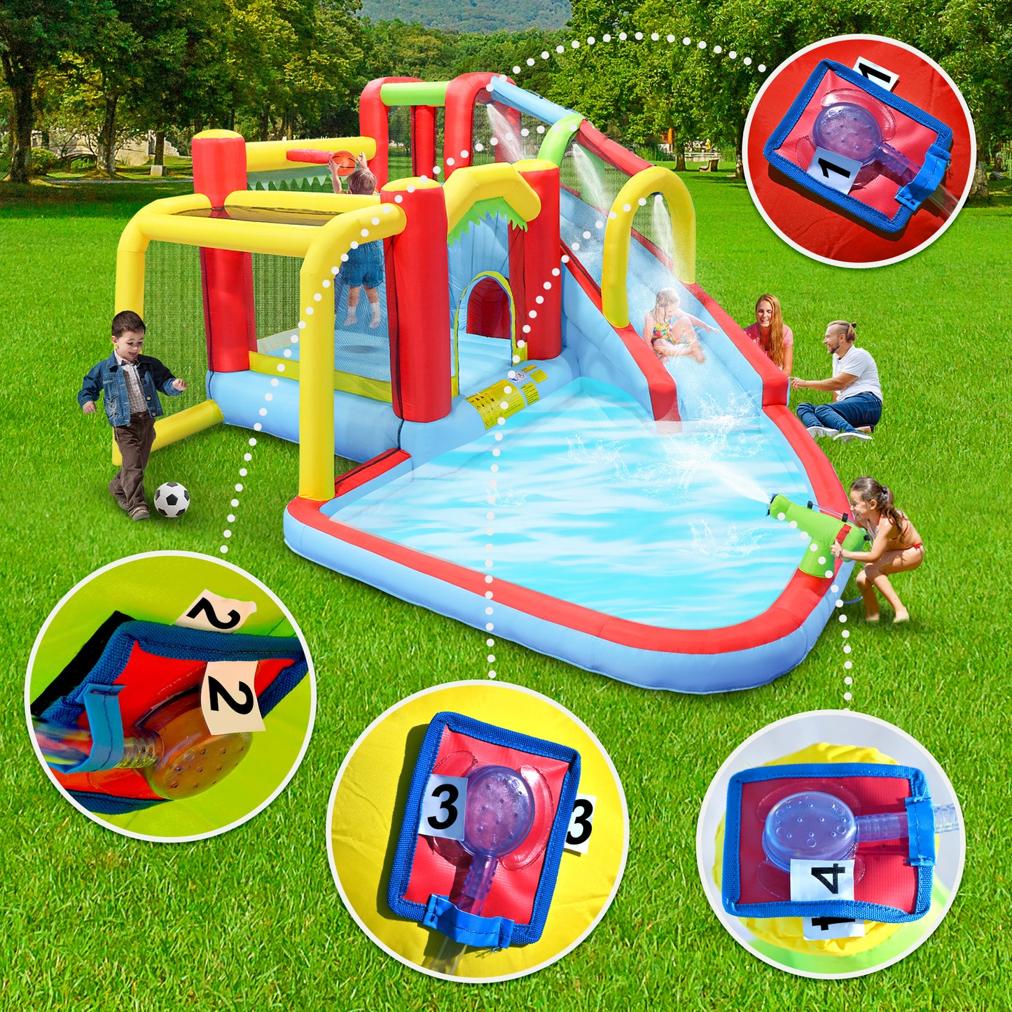 7 in1 Inflatable slide water park bouncing house outdoor Soccer garden bouncer with Splash pool & Water gun & Climbing wall & Basketball & Football image 10