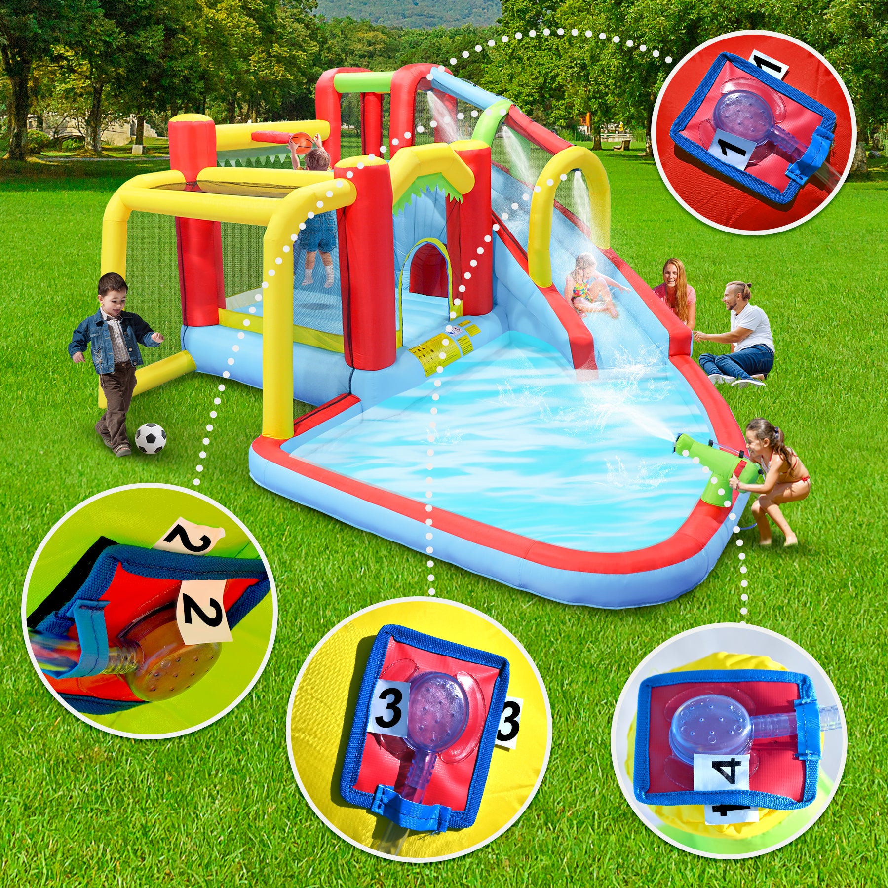7 in1 Inflatable slide water park bouncing house outdoor Soccer garden bouncer with Splash pool & Water gun & Climbing wall & Basketball & Football image 10