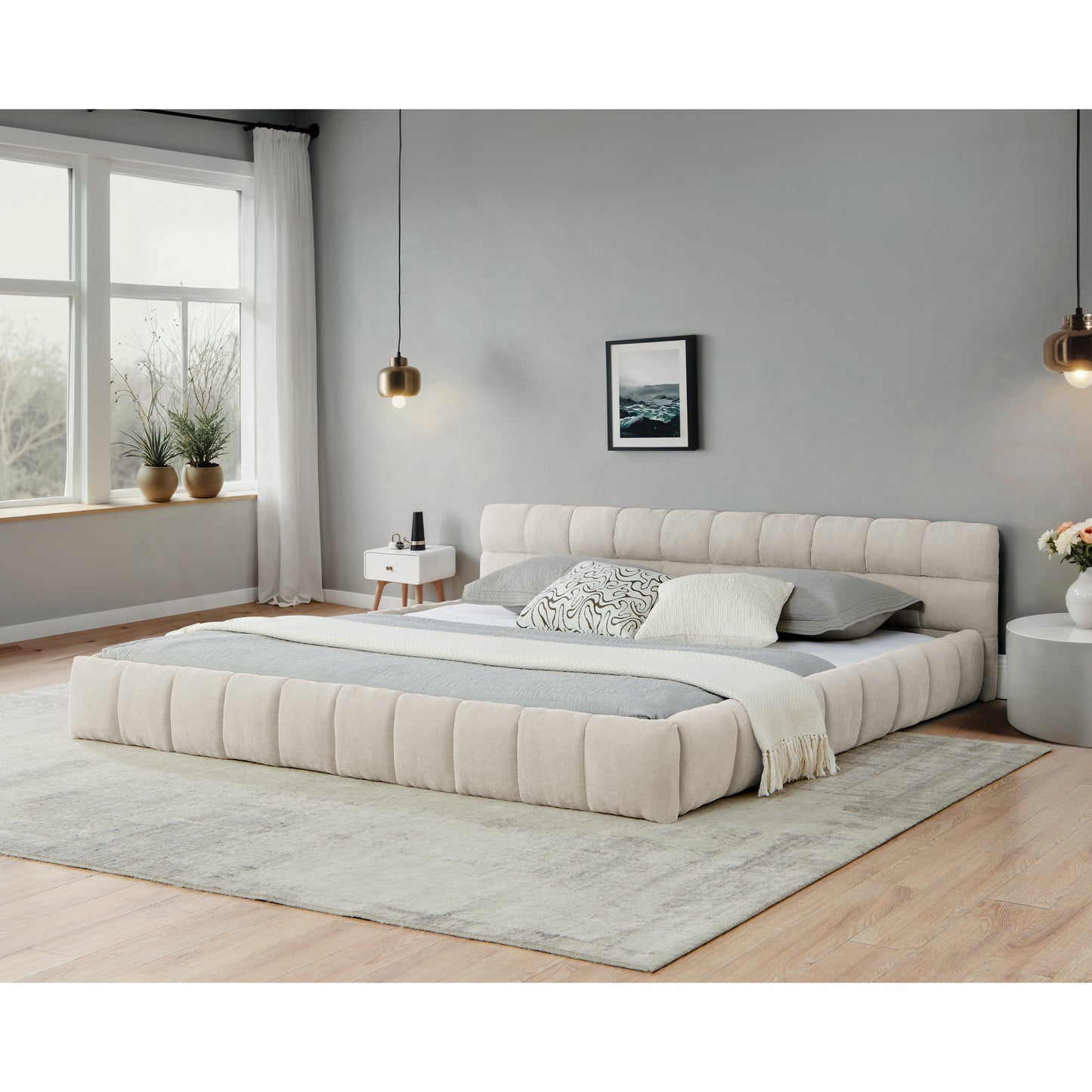 California King size Upholstered Bed Frame with Thick Fabric, Chenille Fabric Grounded California King Platform Bed with Headboard and Solid Frame. No Box Spring Needed-Beige(90.5''*80.5''*31'') image 1