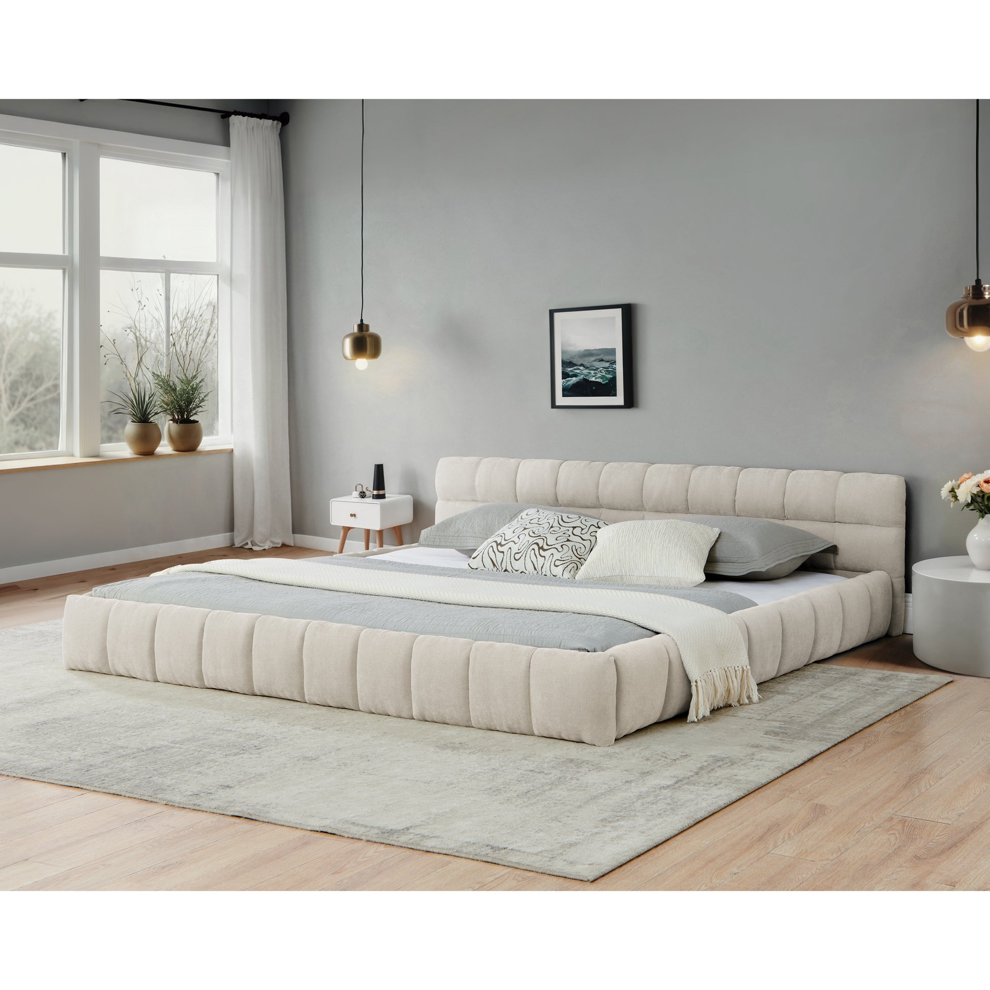 California King size Upholstered Bed Frame with Thick Fabric, Chenille Fabric Grounded California King Platform Bed with Headboard and Solid Frame. No Box Spring Needed-Beige(90.5''*80.5''*31'') image 1