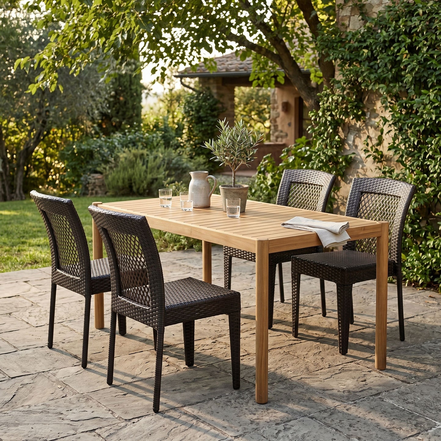 5-Piece Outdoor Dining Set, Acacia Wood Rectangular Patio Table & 4 PE Rattan Iron Frame Dining Chairs image 3