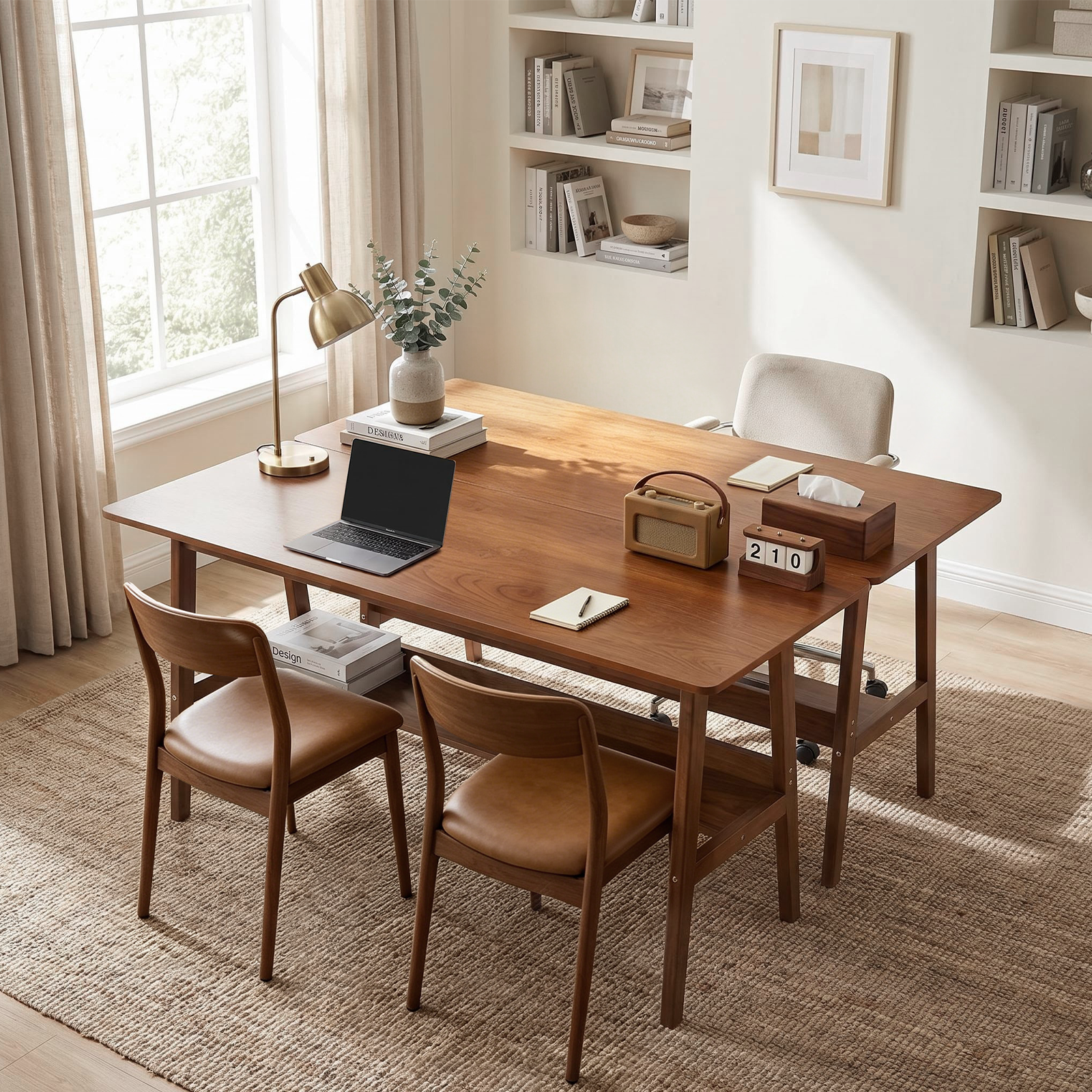 63" Simple Modern Extra Long 2 Person Computer Workstation, Mid Century Long Desk Table with Storage Shelves for Home Office Use in Walnut image 8