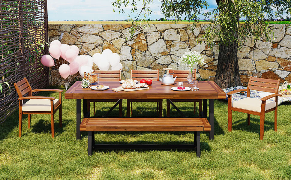GO Outdoor Wood Dining Set For 7-8 Person, Outdoor Dining Furniture With Removable Cushions, Ergonomic Chairs And Bench, Thicker Table, Nature image 4