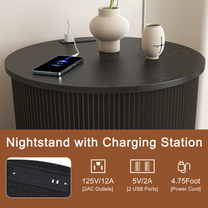 Mid Century Modern Cylinder End Table with Built-in Charging Station & Sliding Door, 2-Tier Storage Round Nightstand with USB Ports, Bedside Table for Living Room, Bedroom, Entryway-Black image 5
