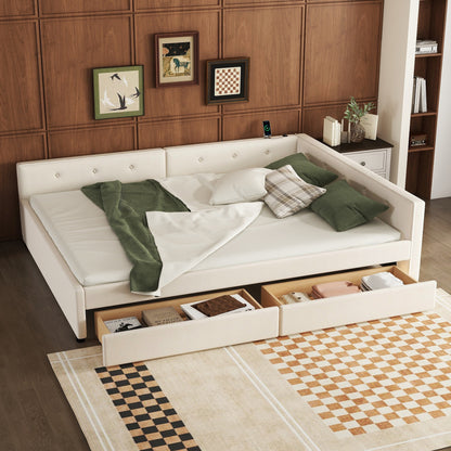 Queen Size Upholstered Platform Bed with USB and 2 Drawers, Beige image 1