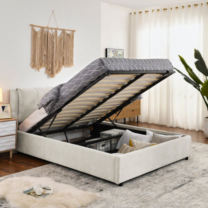 Queen Size Storage Upholstered Hydraulic Platform Bed with Integrated Headboard, Chenille Fabric, Beige image 3
