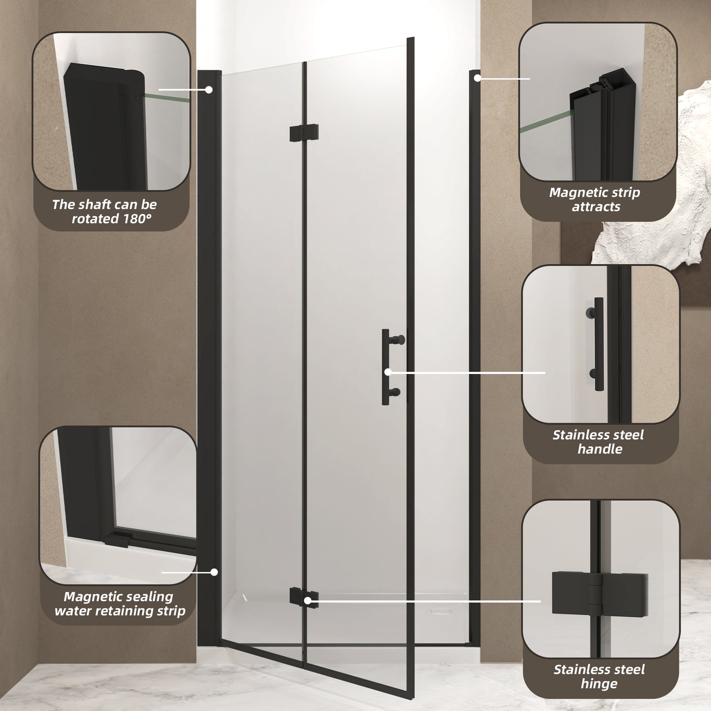 36 "x 72" Bifold Shower Door, 1/4"(6mm) Tempered Glass, Matte Black Aluminum Frame, Explosion Proof Film image 5