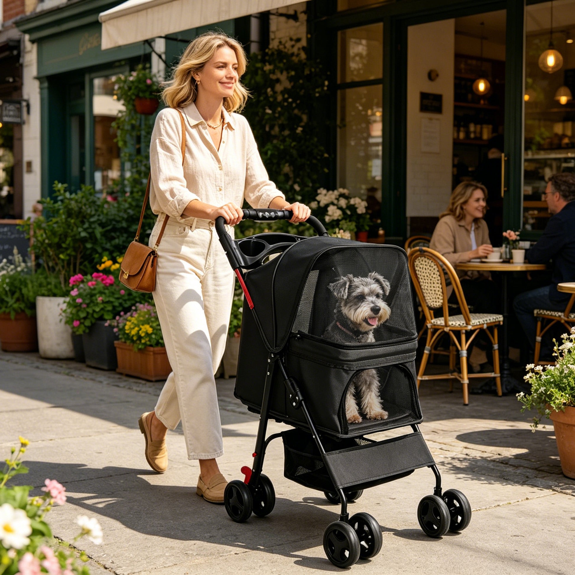 Foldable Pet Stroller for Small Dogs and Cats Under 28 lbs with Multi-Functional Tray, 2 Safety Leashes, Storage Basket & Breathable Mesh, 4 Wheels Pet Stroller, Black image 4