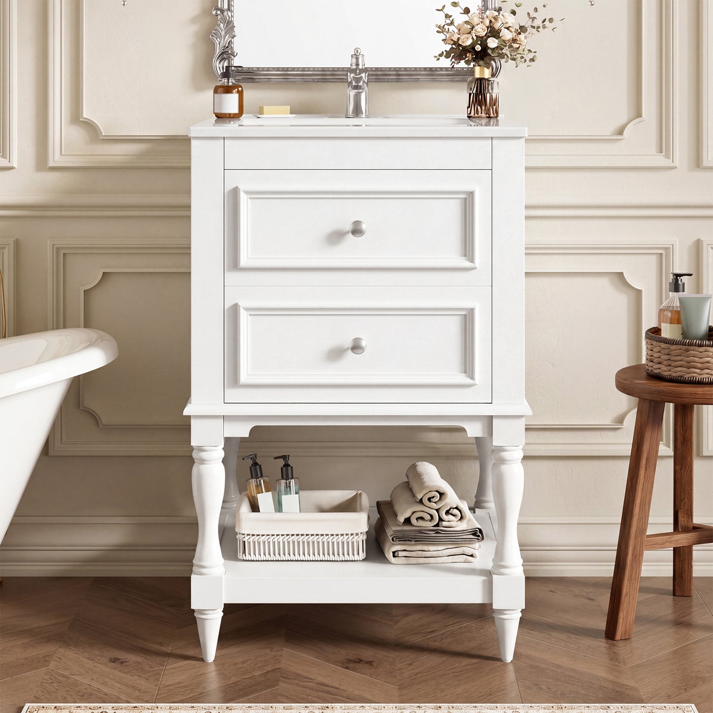 20'' Bathroom Vanity with Ceramic Sink, Bathroom Storage Cabinet with Open Shelf, Retro Design Bathroom Cabinet with 2 Drawers image 1