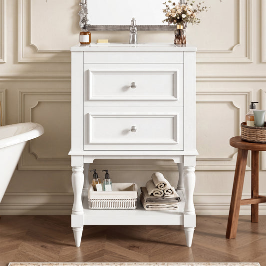 20'' Bathroom Vanity with Ceramic Sink, Bathroom Storage Cabinet with Open Shelf, Retro Design Bathroom Cabinet with 2 Drawers image 1