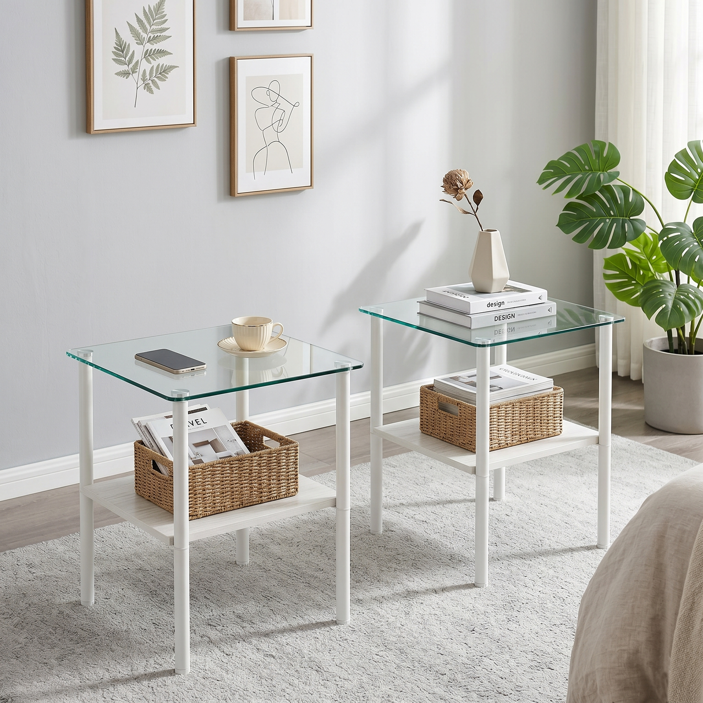 2-piece Modern Rectangular Glass Side Table, Tempered Glass Tabletop, MDF Storage Shelf & Metal Legs, Minimalist Sofa Side Table for Living Room & Bedroom image 5