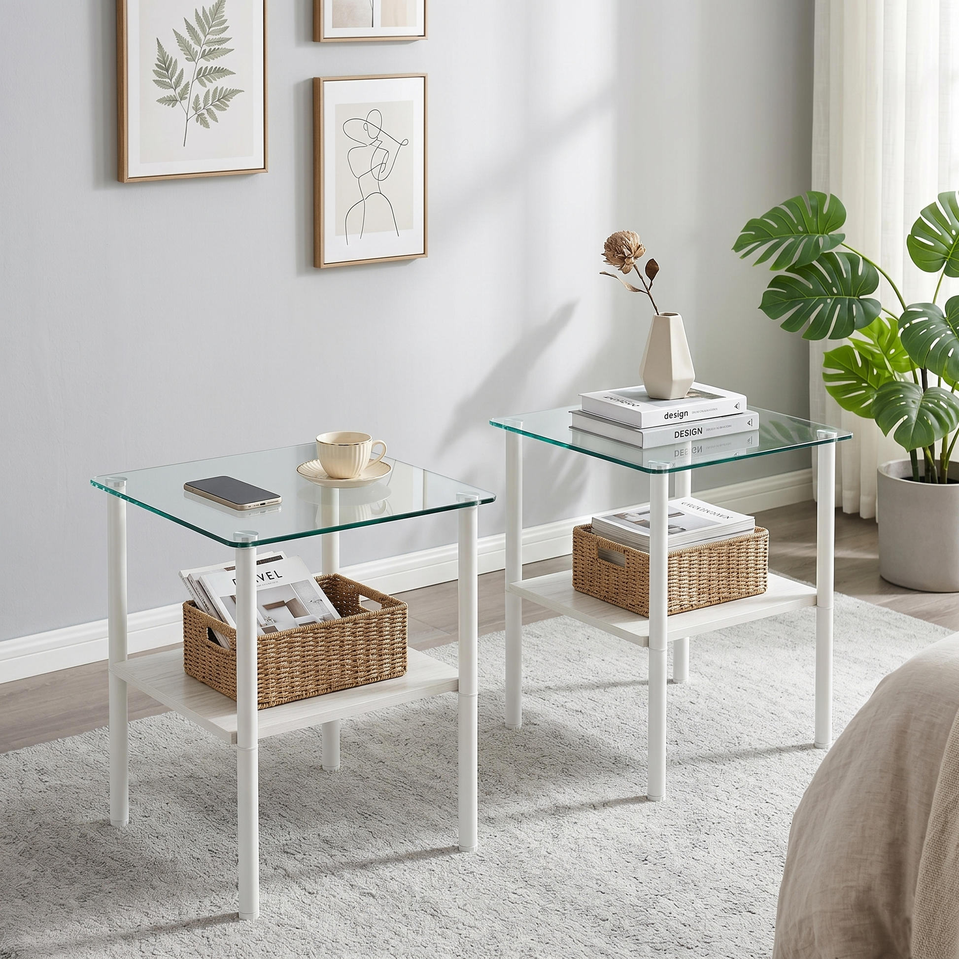2-piece Modern Rectangular Glass Side Table, Tempered Glass Tabletop, MDF Storage Shelf & Metal Legs, Minimalist Sofa Side Table for Living Room & Bedroom image 5