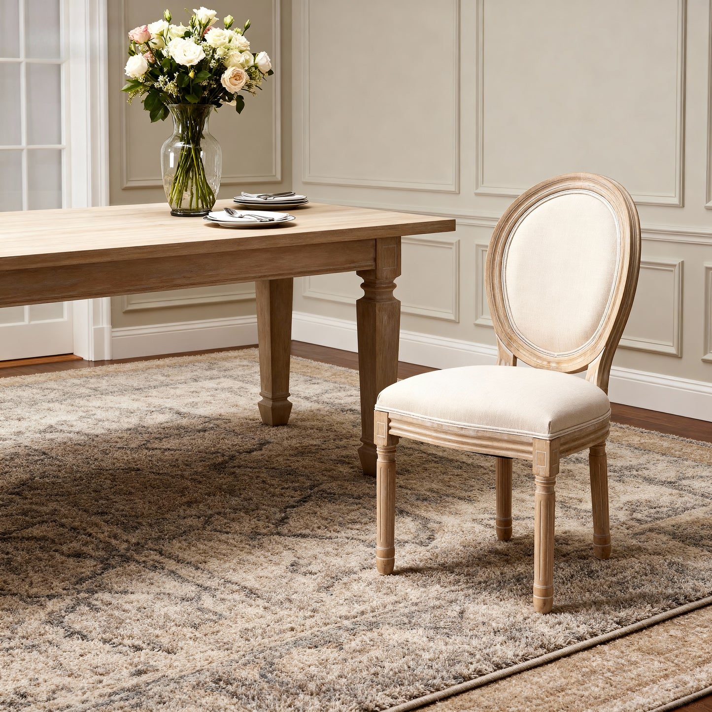 French Style Solid Wood Frame Linen Fabric Oval Back Dining Chair,Set of 2,Beige image 9