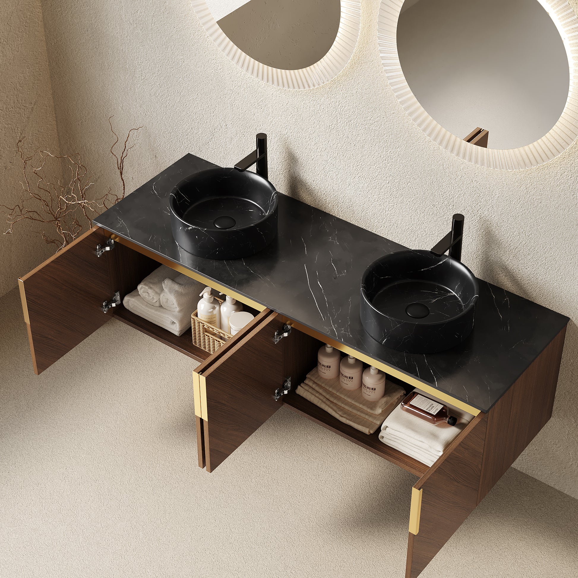 ARAI 60" Bathroom Vanity&Sinks, Wall-Mounted Plywood Bathroom Storage Cabinet with 4 Doors, 2 Black Round Ceramic Basins with Stone Pattern & Black Sintered Stone Countertop, Brown Oak Woodgrain Color image 2