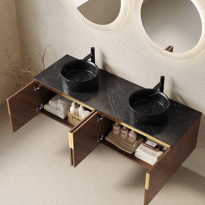 ARAI 60" Bathroom Vanity&Sinks, Wall-Mounted Plywood Bathroom Storage Cabinet with 4 Doors, 2 Black Round Ceramic Basins with Stone Pattern & Black Sintered Stone Countertop, Brown Oak Woodgrain Color image 2