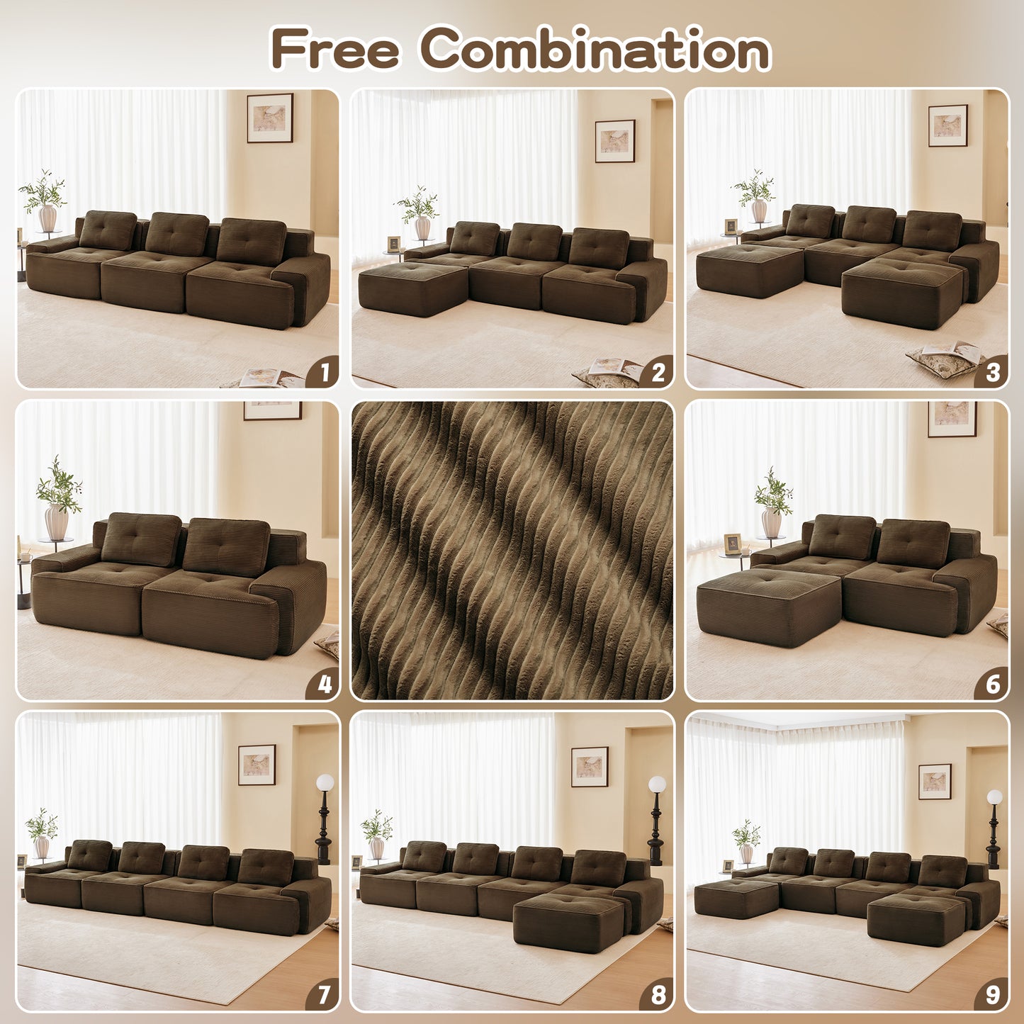 82" Modern L-Shaped Modular Sectional Sofa for Living Room, Corduroy Fabric, 2-Seater Couch with Deep Seat, Pearl-like piping, Tufted Design, No Assembly, Anti-slip Design​, Brown image 12