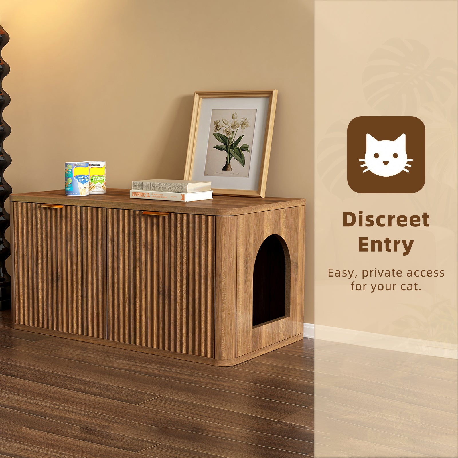 31.5" Walnut Cat Litter Box Enclosure Furniture, Large Decorative Hidden Litter Box Cabinet, Fluted Mid Century Modern Kitty End Table for Living Rooms, Bedrooms, Entryways (WALNUT) image 11