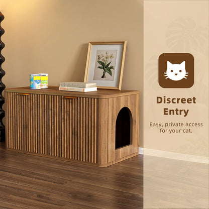31.5" Walnut Cat Litter Box Enclosure Furniture, Large Decorative Hidden Litter Box Cabinet, Fluted Mid Century Modern Kitty End Table for Living Rooms, Bedrooms, Entryways (WALNUT) image 11