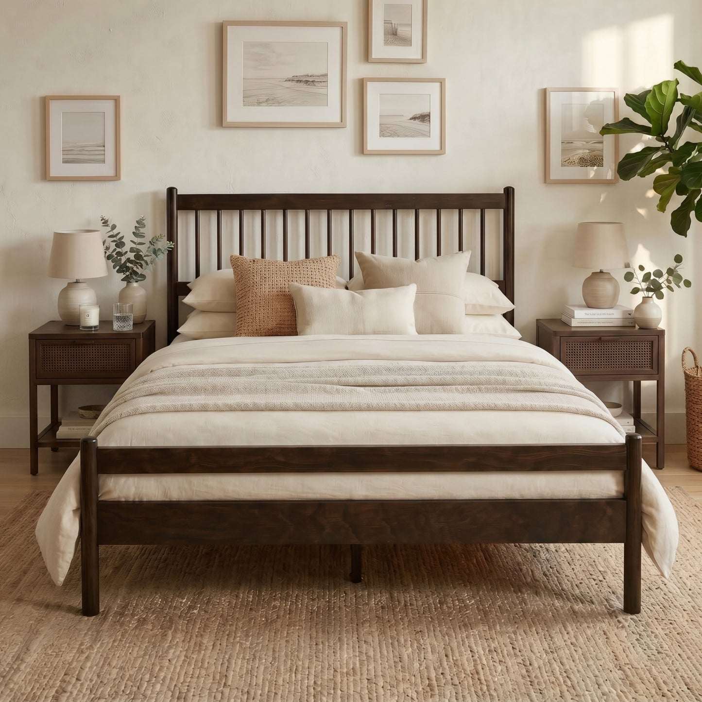 Traditional Style Queen Size Bed with Headboard and Footboard, Pinewood Bed with Strengthened Bed Frame,Brown image 1