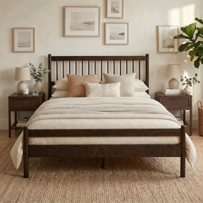 Traditional Style Queen Size Bed with Headboard and Footboard, Pinewood Bed with Strengthened Bed Frame,Brown image 1