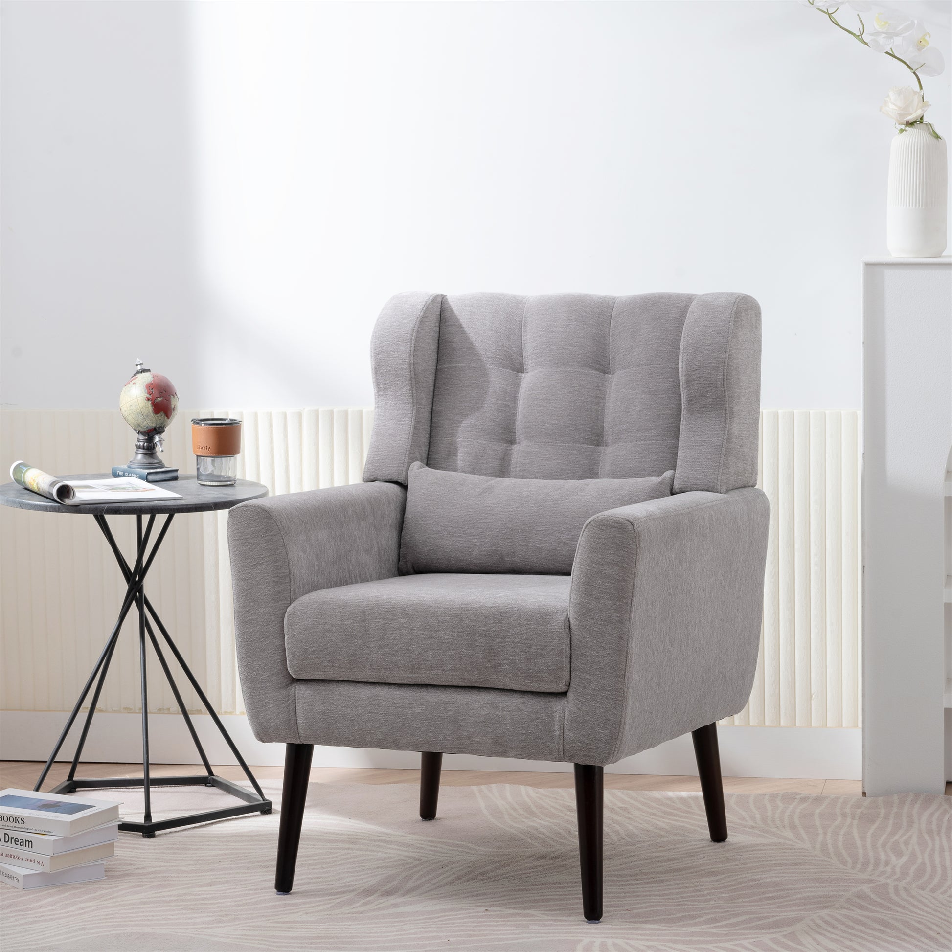 Modern Accent Chair,Chenille Arm Chairs for Living Room,Upholstered Mordern Armchair,Comfy Soft Padded Lounge Chair in Small Space, Bedroom, w/Pillow, Solid Wood Leg (Gray) image 6