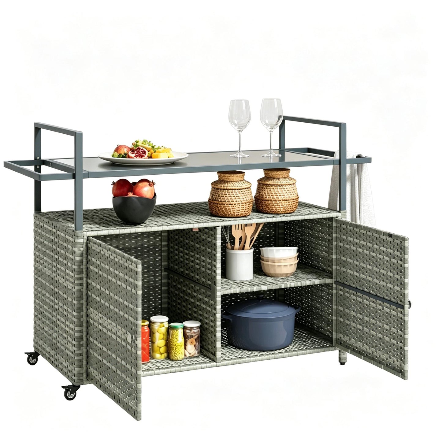Mobile Bar Cart,Buffet Cabinet,Rattan Storage Cabinet,Outdoor Storage Table,Dining Room Storage Cart,Kitchen Island image 7