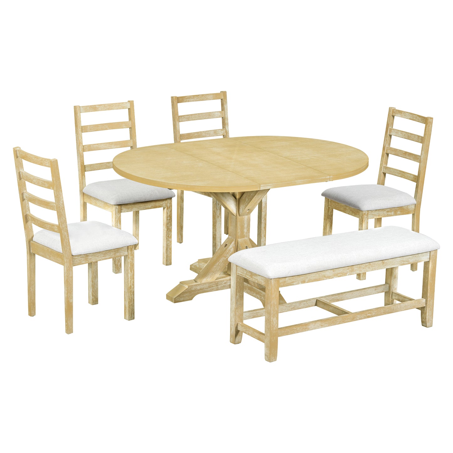 TOPMAX Farmhouse 6-Piece 60inch Extendable Pedestal Dining Table Set with 18inch Removable Leaf, 44inch Bench and 4 Ladder Back Dining Chairs, Natural+Beige(OLD SKU:SP000060AAA) image 9